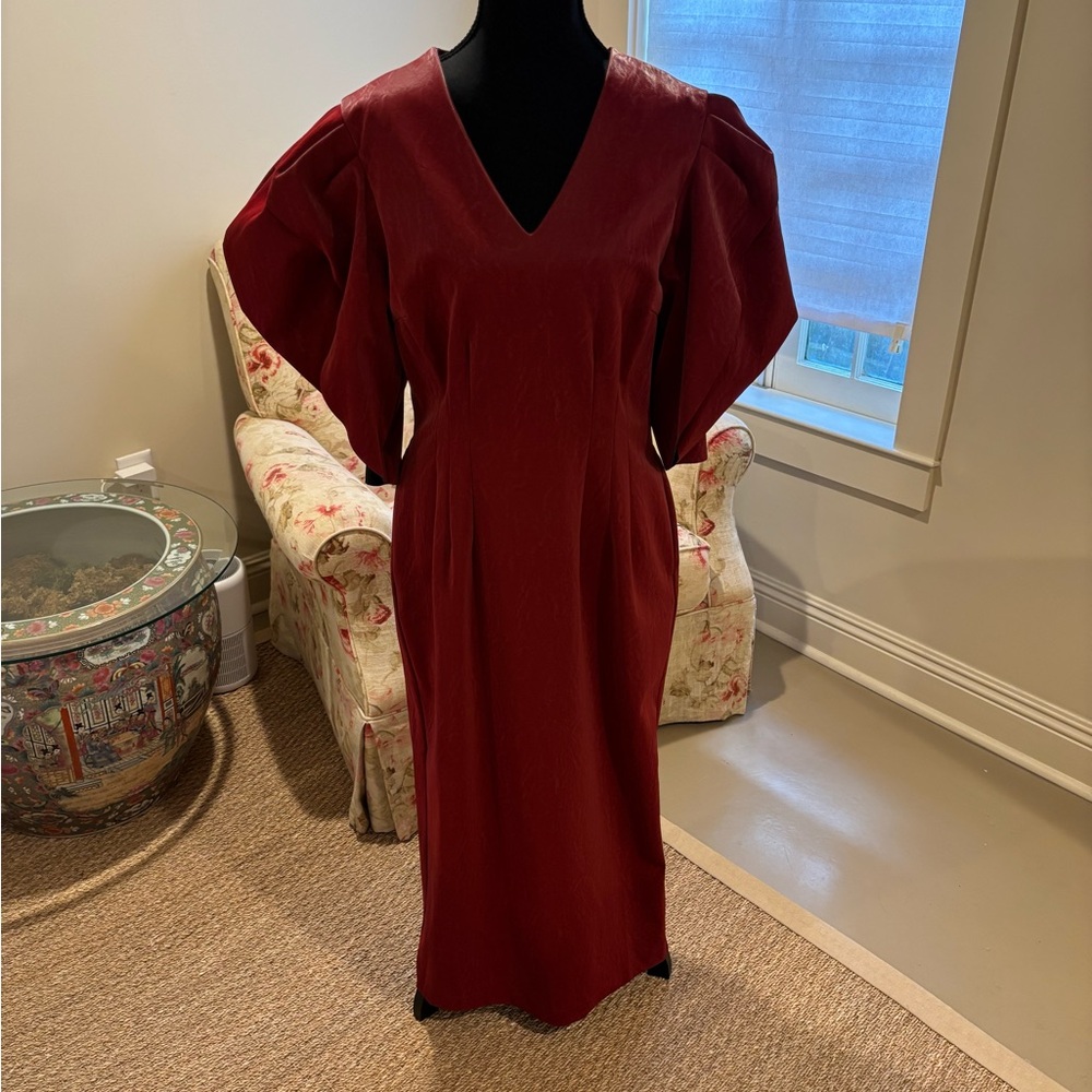 SHOW STOPPING Burgundy leather-like V-Neck Dress